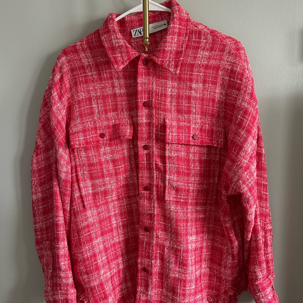 Zara Pink Tweed Button-Up Shacket